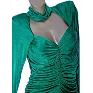 Vtg Cocoon Dress Draped Ruched Wiggle Bodycon Party Choker Emerald Green 80s S